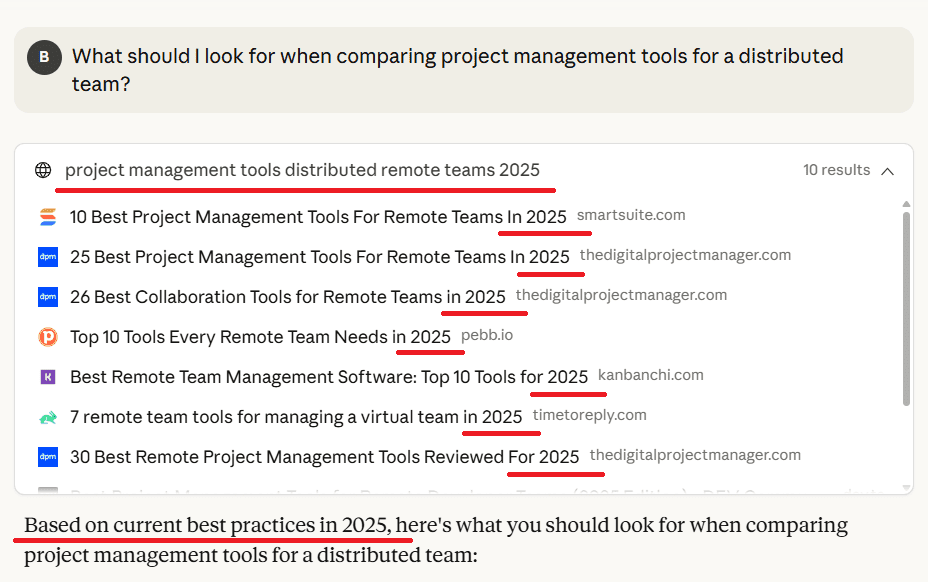Graphic shows the year used in a Claude search query.