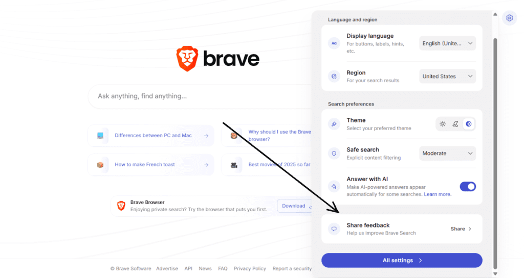 Graphic showing the Brave search engine interface