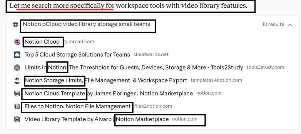 Claude search interface showing sources of a search